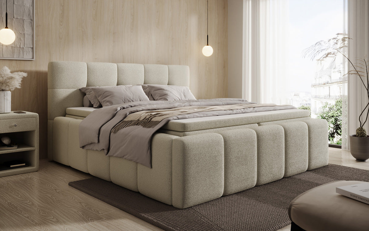 Designer-Polsterbett Romy aus Teddy-Bouclé mat Stauraum inkl. Matrassen