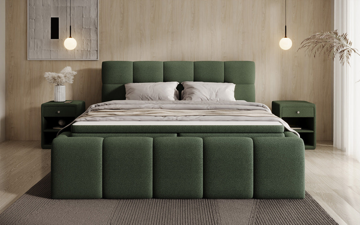 Designer-Polsterbett Romy aus Teddy-Bouclé mat Stauraum inkl. Matrassen