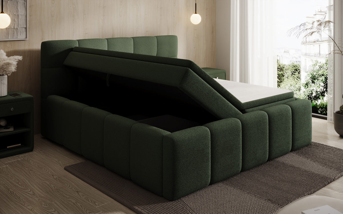 Designer-Polsterbett Romy aus Teddy-Bouclé mat Stauraum inkl. Matrassen