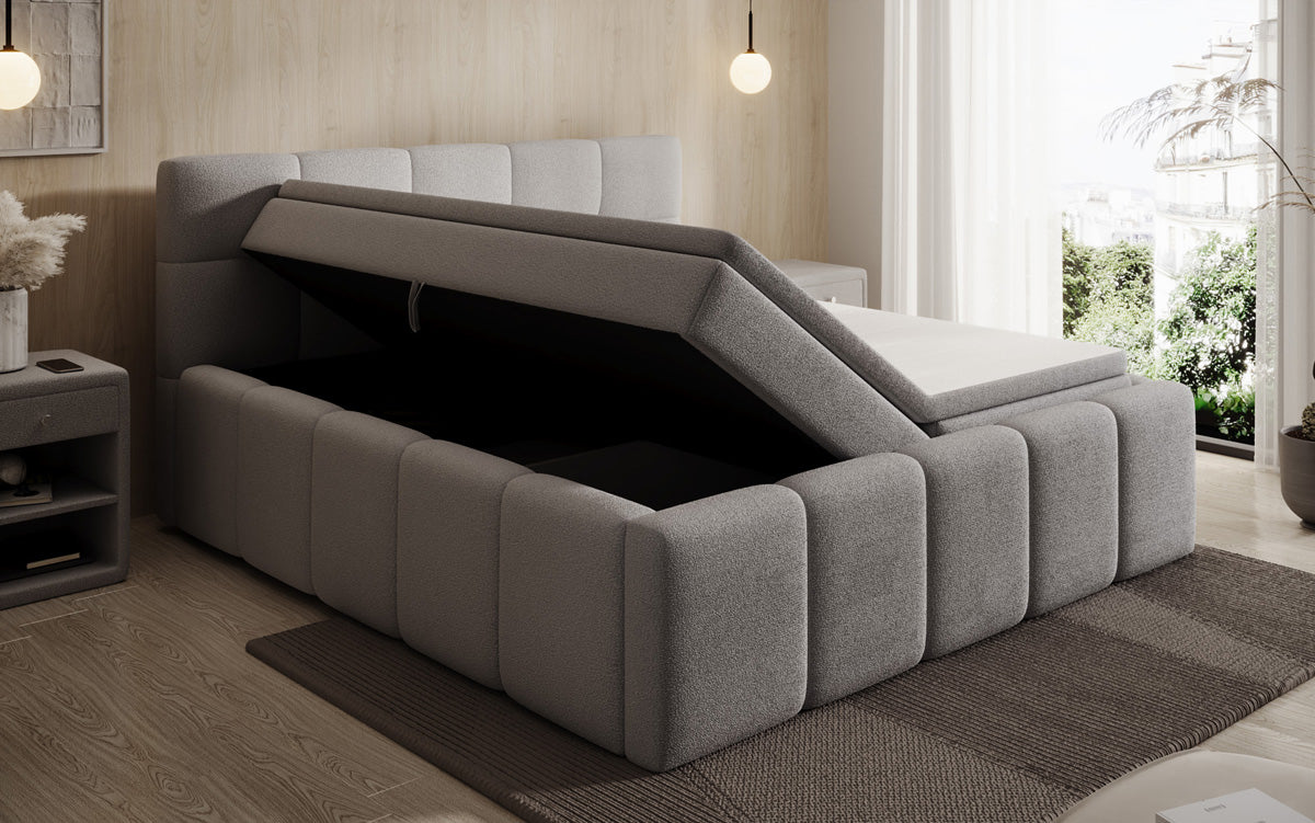 Designer-Polsterbett Romy aus Teddy-Bouclé mat Stauraum inkl. Matrassen