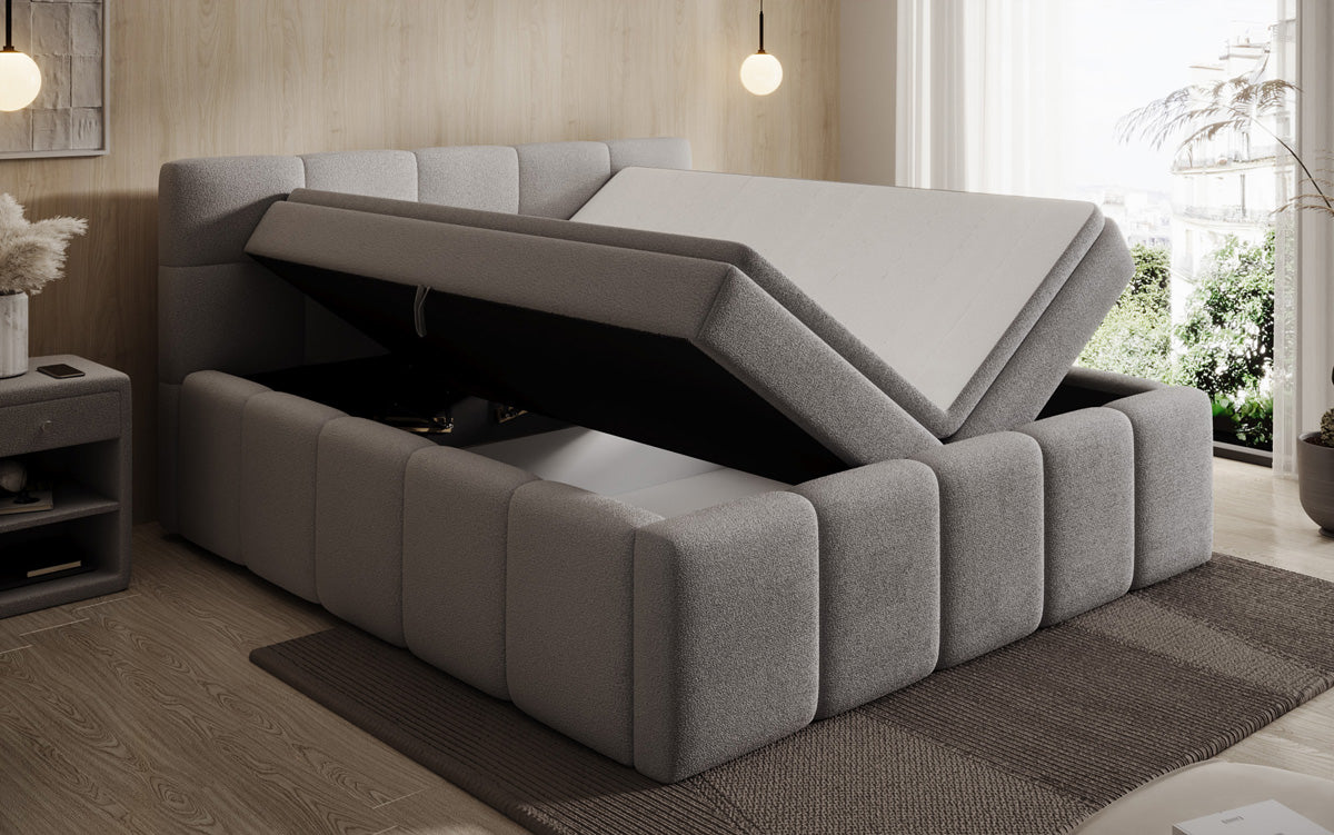 Designer-Polsterbett Romy aus Teddy-Bouclé mat Stauraum inkl. Matrassen