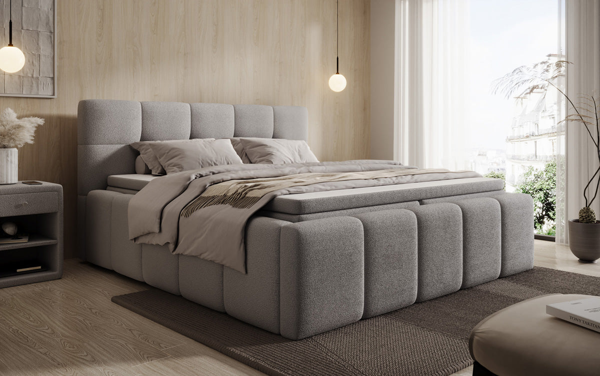 Designer-Polsterbett Romy aus Teddy-Bouclé mat Stauraum inkl. Matrassen