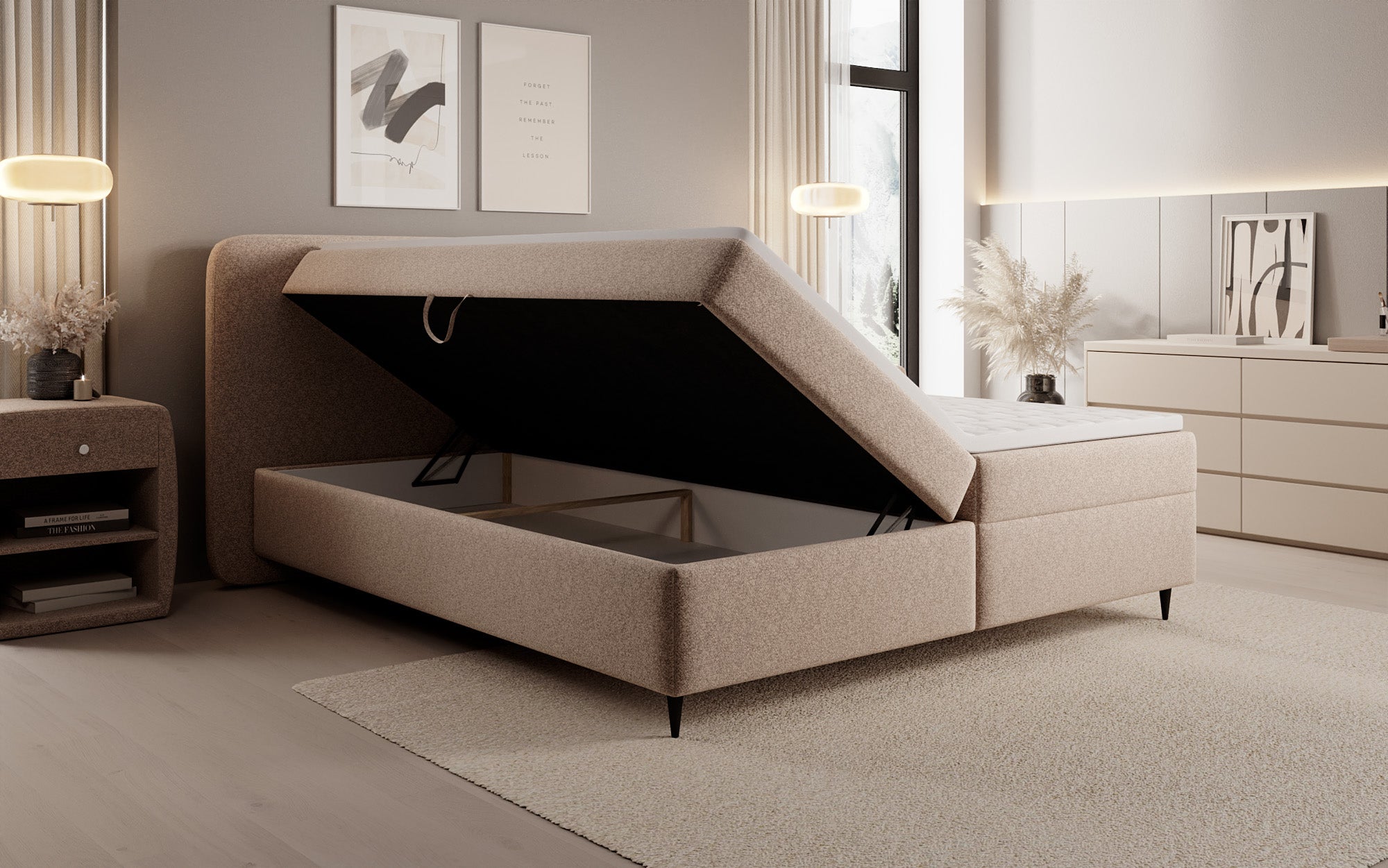 Boxspringbett Nea am Strukturstoff mat Stauraum