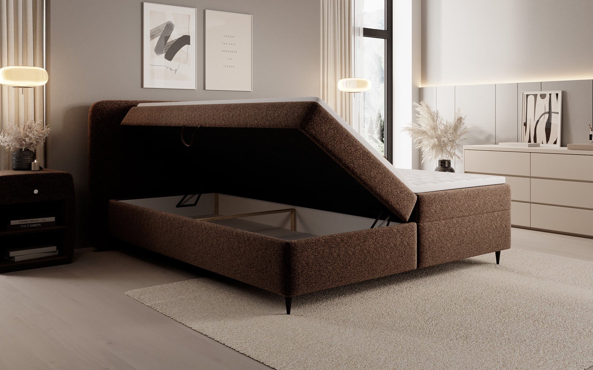 Boxspringbett Nea am Strukturstoff mat Stauraum