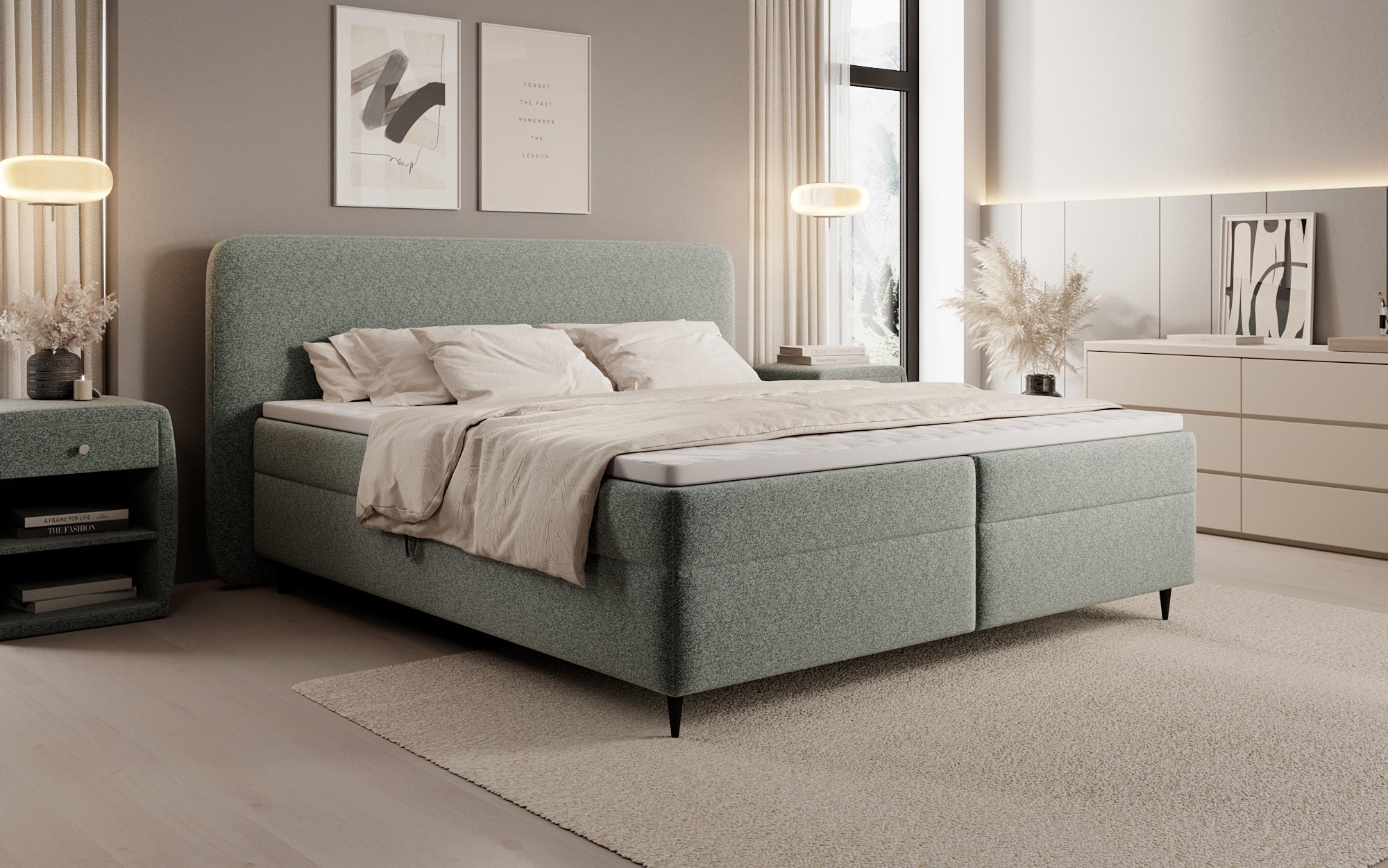 Boxspringbett Nea am Strukturstoff mat Stauraum