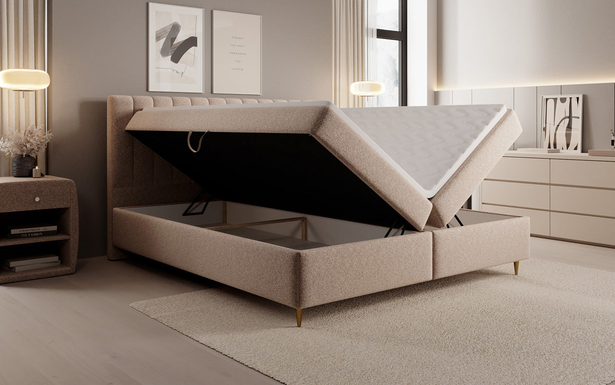 Boxspringbett Chelsea aus Strukturstoff mat Stauraum
