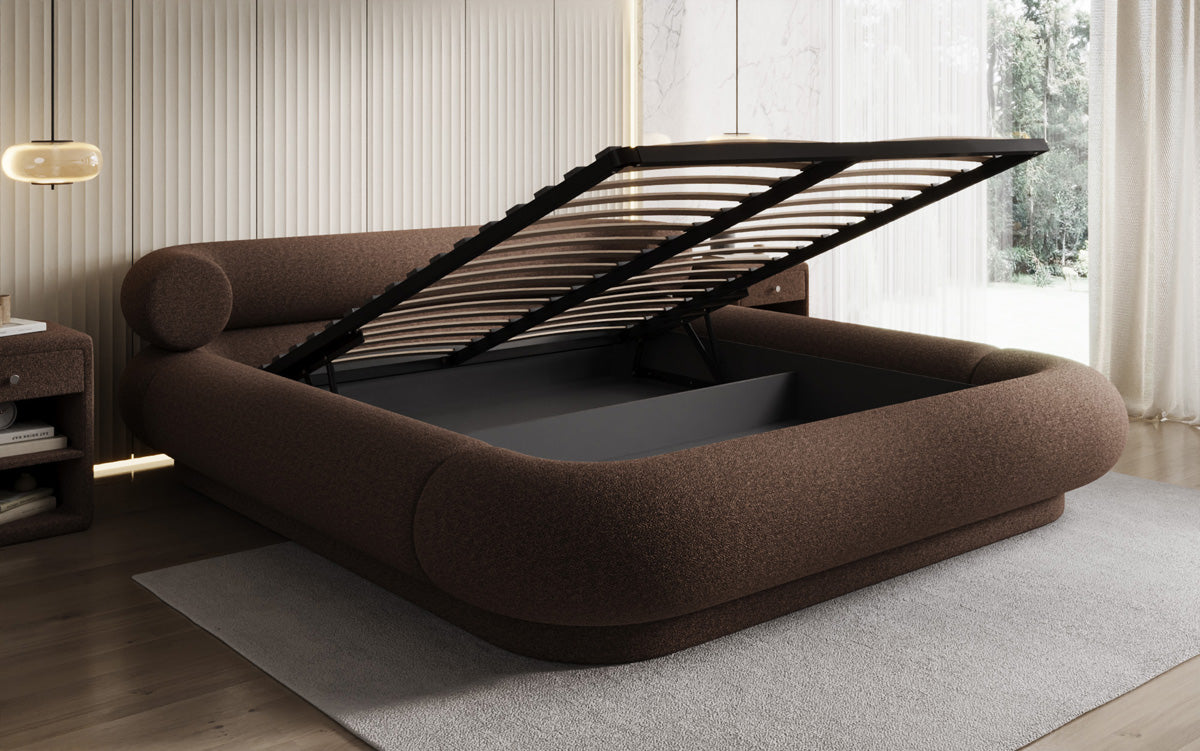 Designer-Polsterbett Mochi aus Teddy-Bouclé mat Stauraum