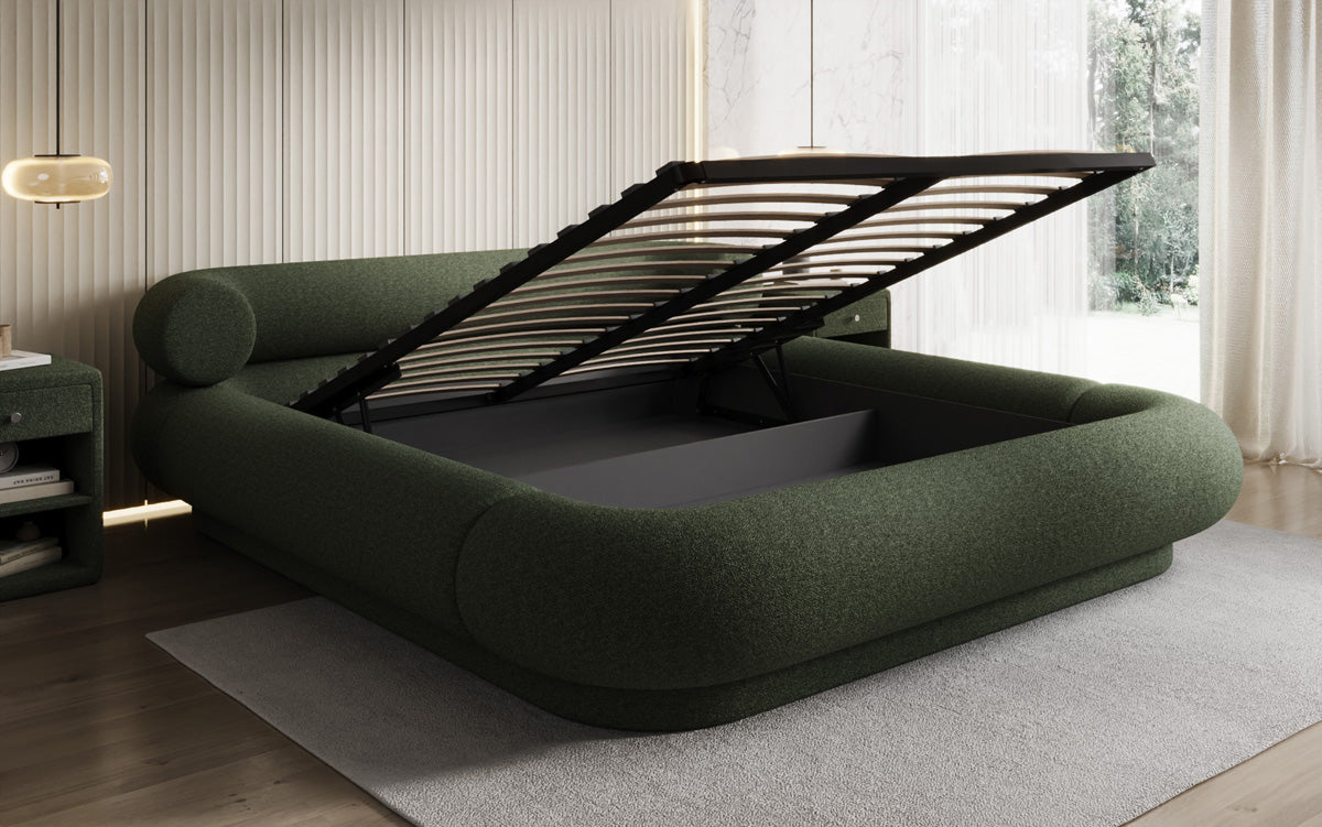 Designer-Polsterbett Mochi aus Teddy-Bouclé mat Stauraum
