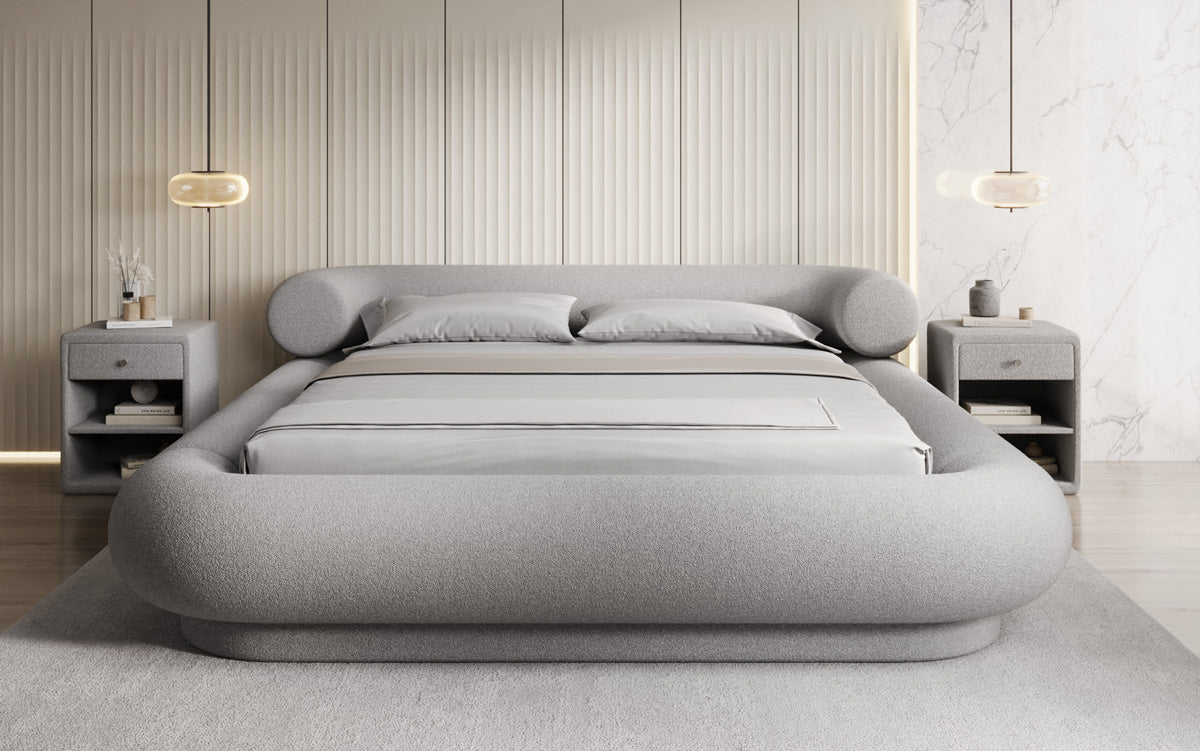 Designer-Polsterbett Mochi aus Teddy-Bouclé mat Stauraum