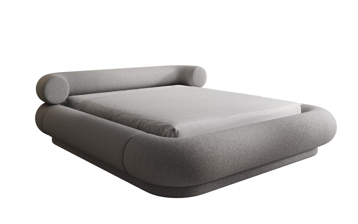Designer-Polsterbett Mochi aus Teddy-Bouclé mat Stauraum