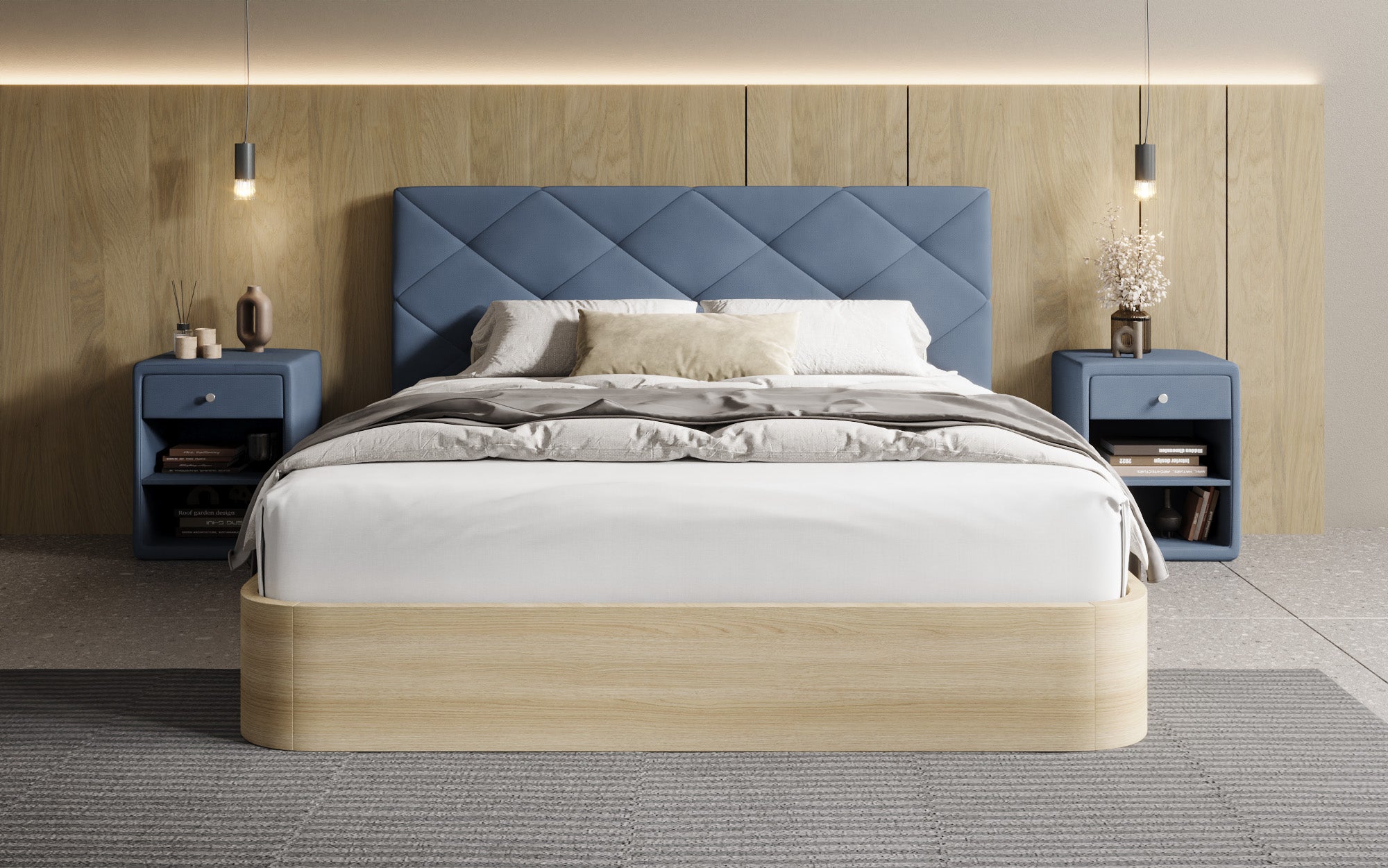 Designer-Polsterbett Fiore Caro aus Stoff mat Stauraum