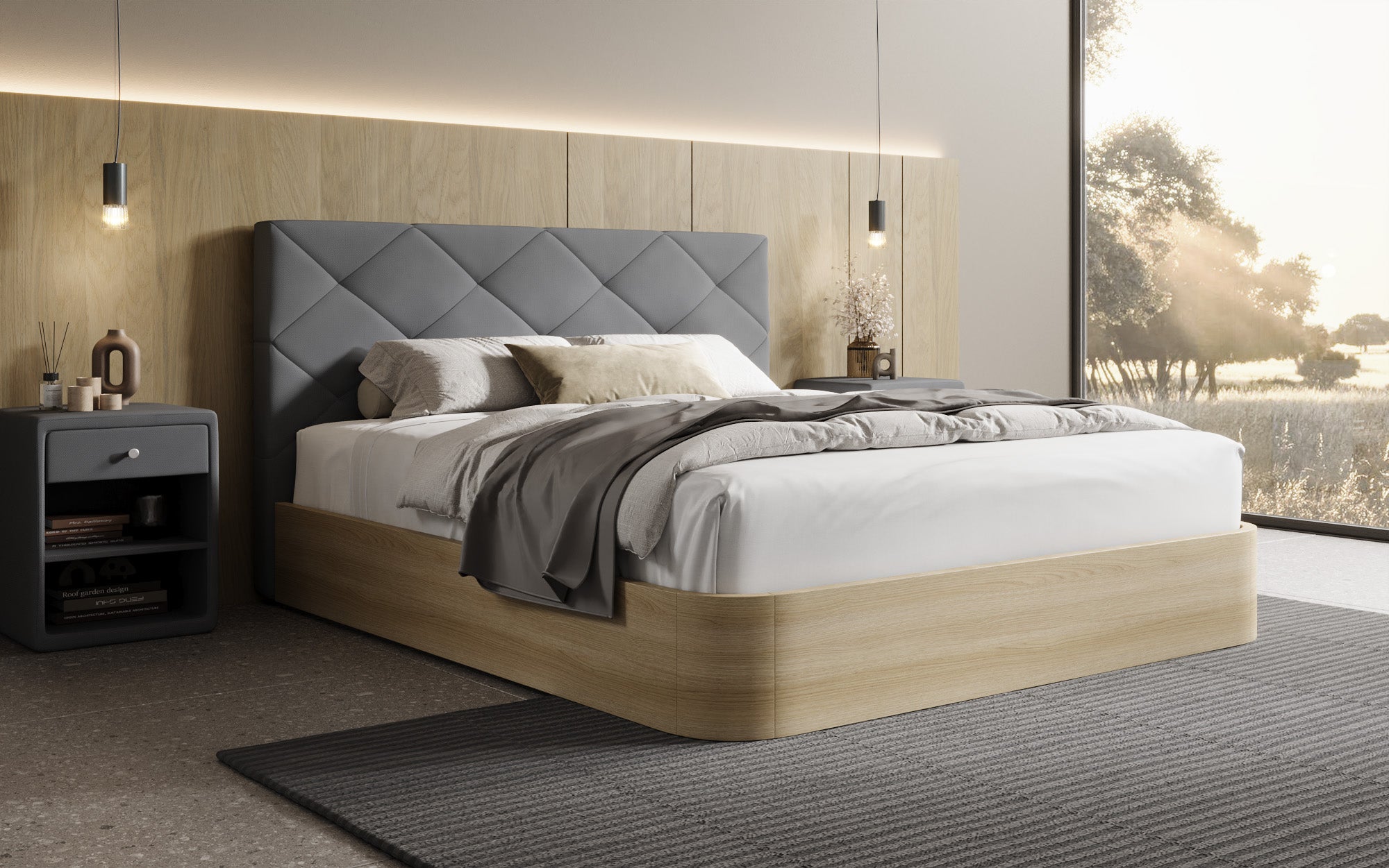 Designer-Polsterbett Fiore Caro aus Stoff mat Stauraum