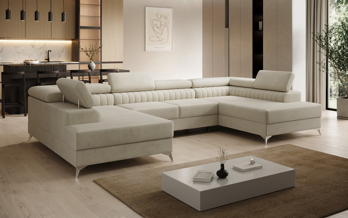 Designer Sofa Aurea U mat Schloof- an Zouschloof-Funktioun a Samt