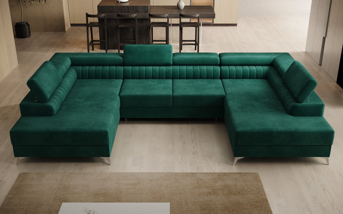Designer Sofa Aurea U mat Schloof- an Zouschloof-Funktioun a Samt
