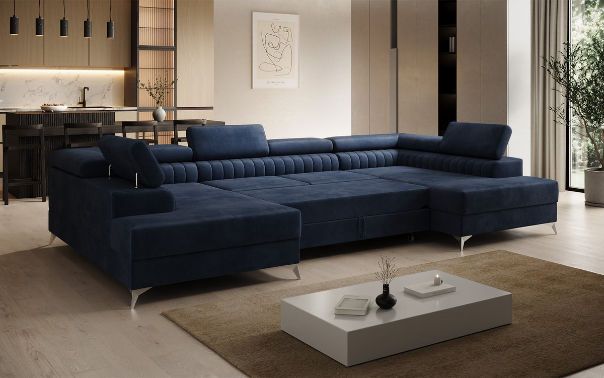 Designer Sofa Aurea U mat Schloof- an Zouschloof-Funktioun a Samt
