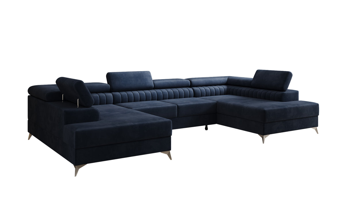 Designer Sofa Aurea U mat Schloof- an Zouschloof-Funktioun a Samt
