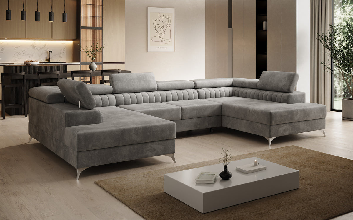Designer Sofa Aurea U mat Schloof- an Zouschloof-Funktioun a Samt