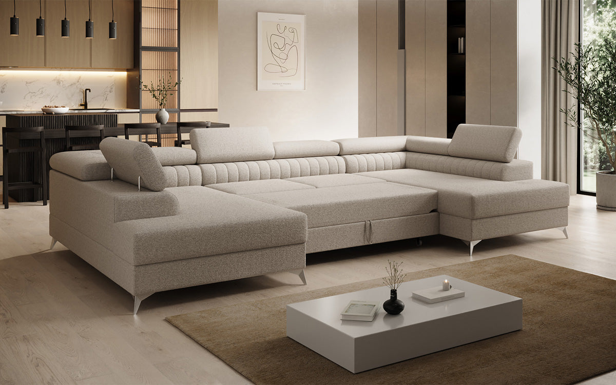 Designer Sofa Aurea U mat Schloof- an Zouschloof-Funktioun a Bouclé