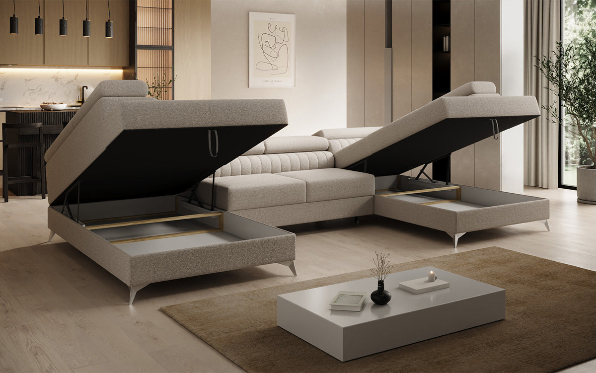 Designer Sofa Aurea U mat Schloof- an Zouschloof-Funktioun a Bouclé