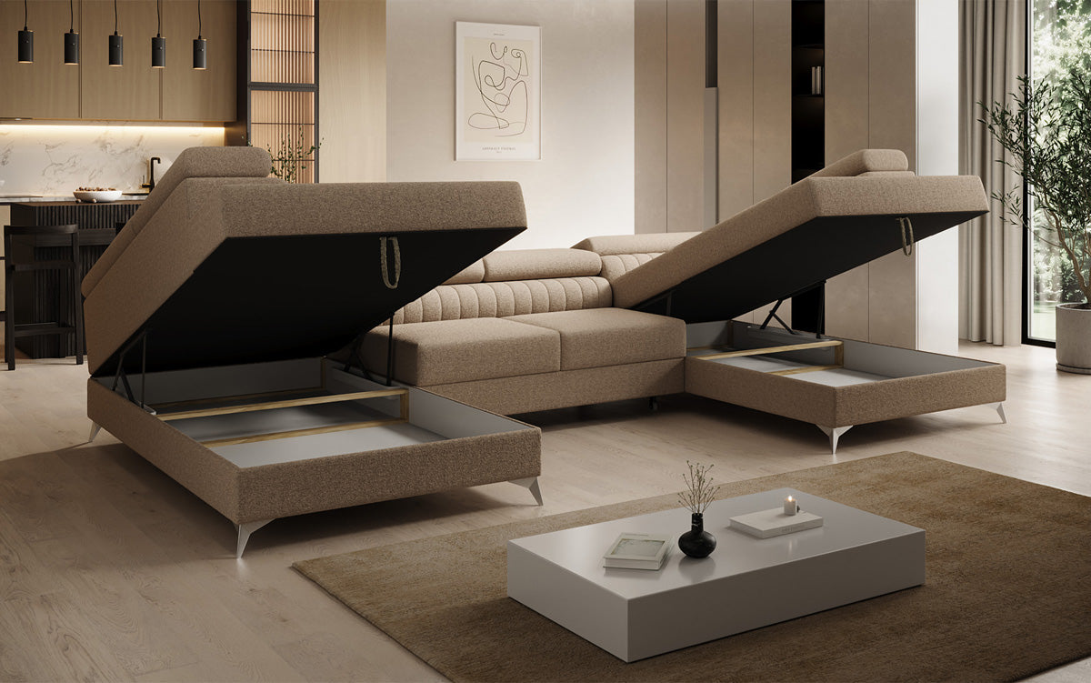 Designer Sofa Aurea U mat Schloof- an Zouschloof-Funktioun a Bouclé