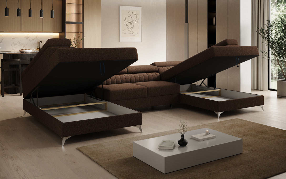 Designer Sofa Aurea U mat Schloof- an Zouschloof-Funktioun a Bouclé