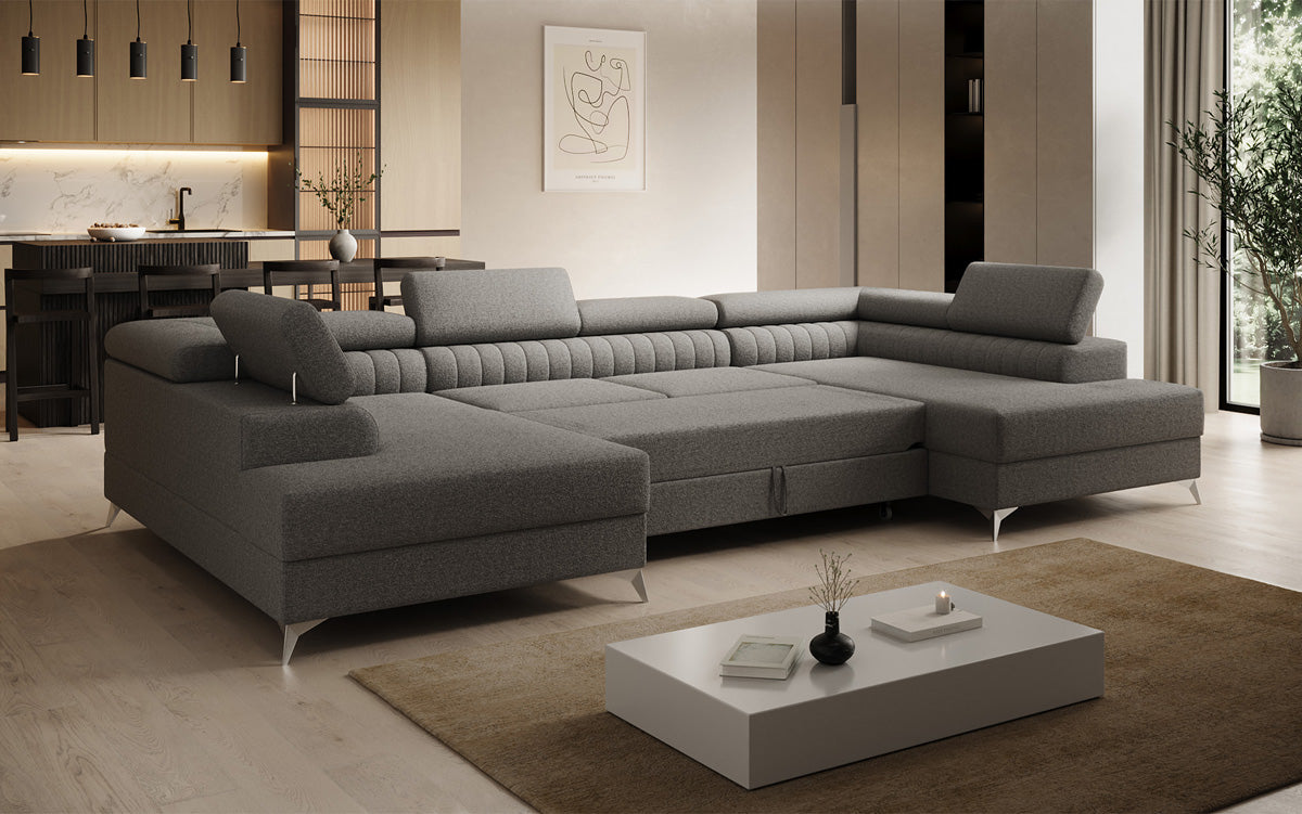 Designer Sofa Aurea U mat Schloof- an Zouschloof-Funktioun a Bouclé