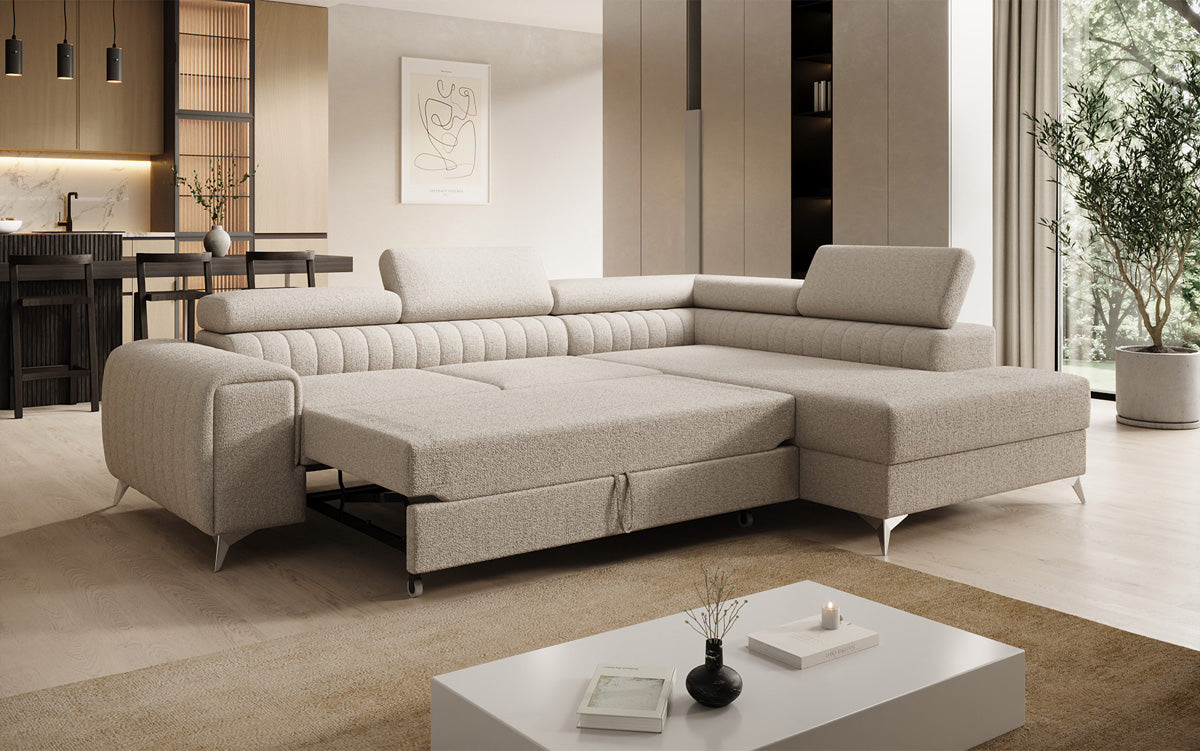 Designer-Ecksofa Aurea mat Schlof- a Klappfunktioun a Bouclé