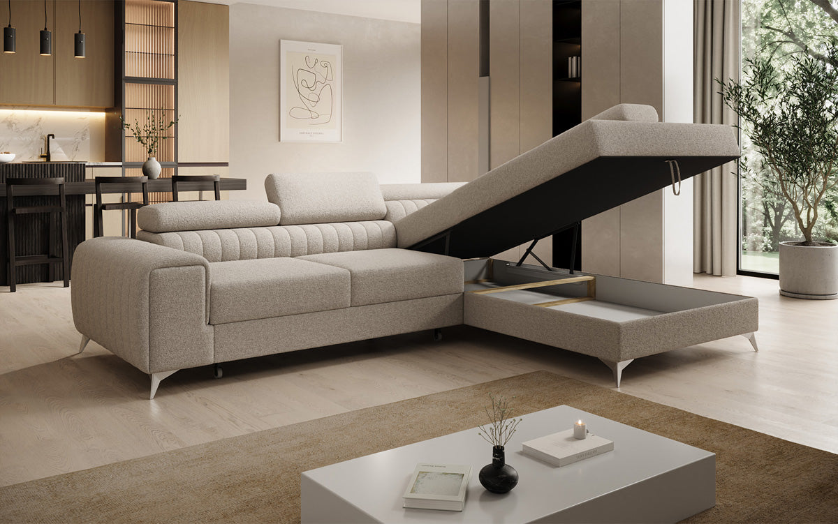 Designer-Ecksofa Aurea mat Schlof- a Klappfunktioun a Bouclé