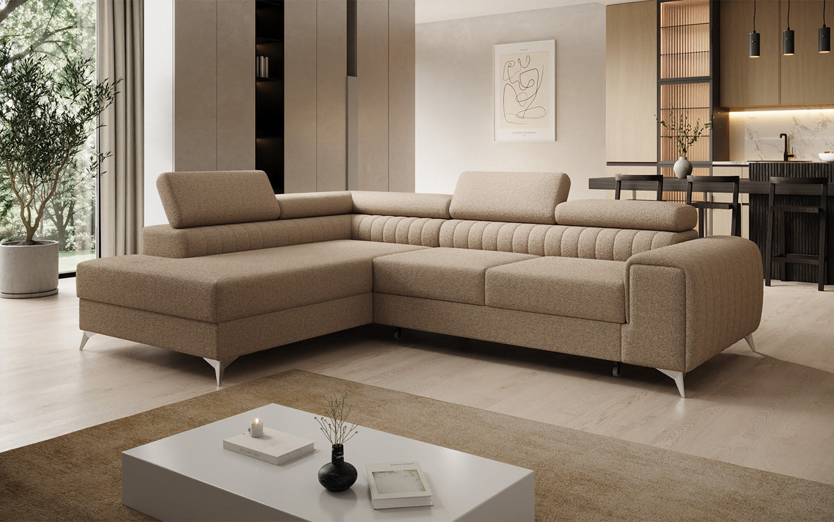 Designer-Ecksofa Aurea mat Schlof- a Klappfunktioun a Bouclé