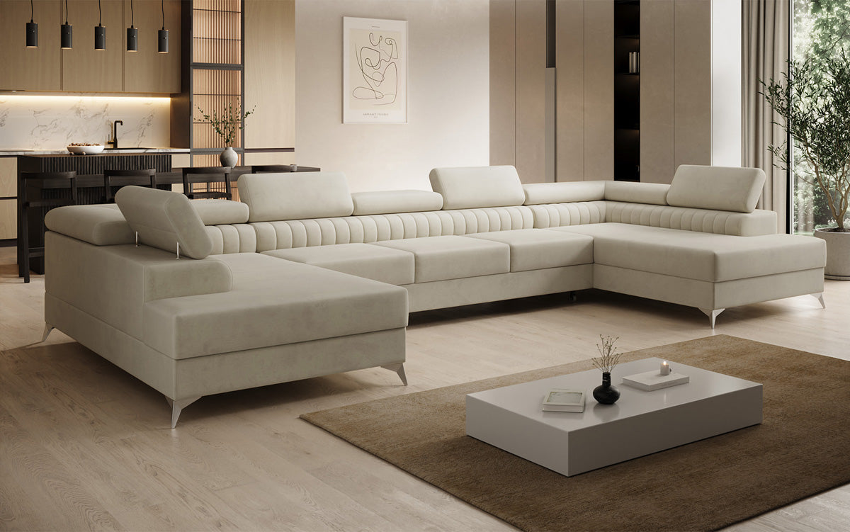 Designer Sofa Aurea U XXL mat Schloof- an Zesummeklappfunktioun a Samt