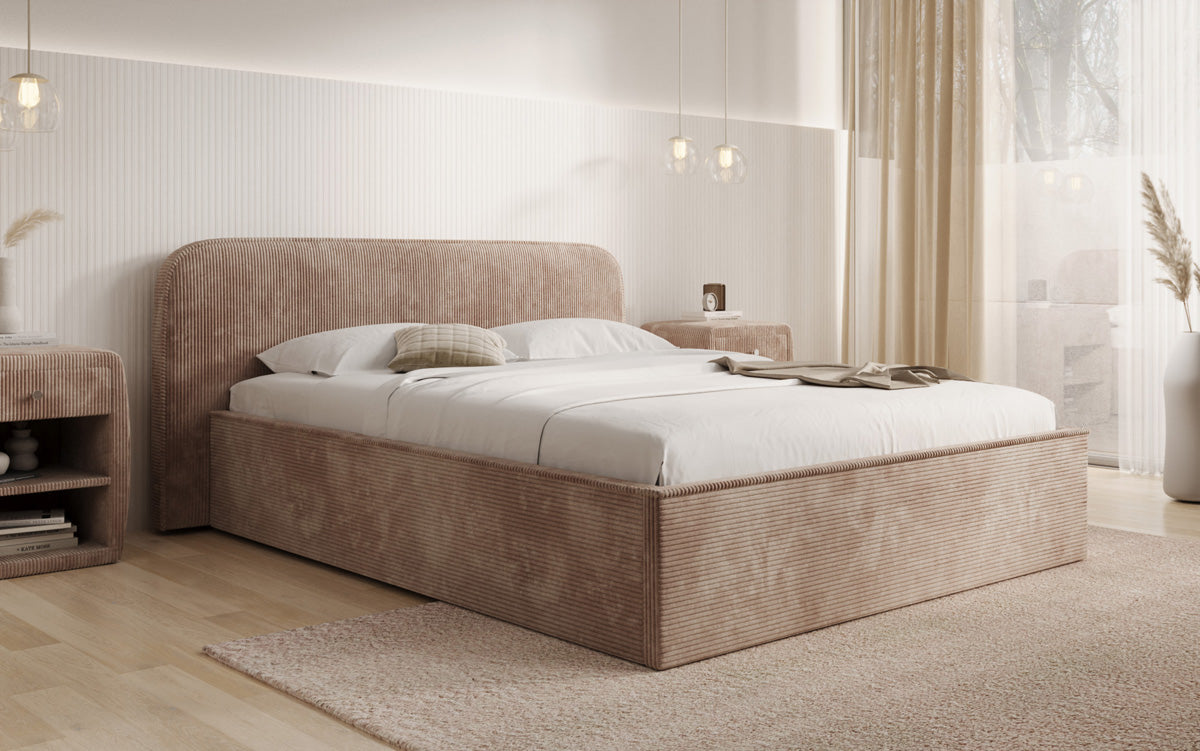 Designer-Polsterbett Nola aus Cord mat Späicherraum