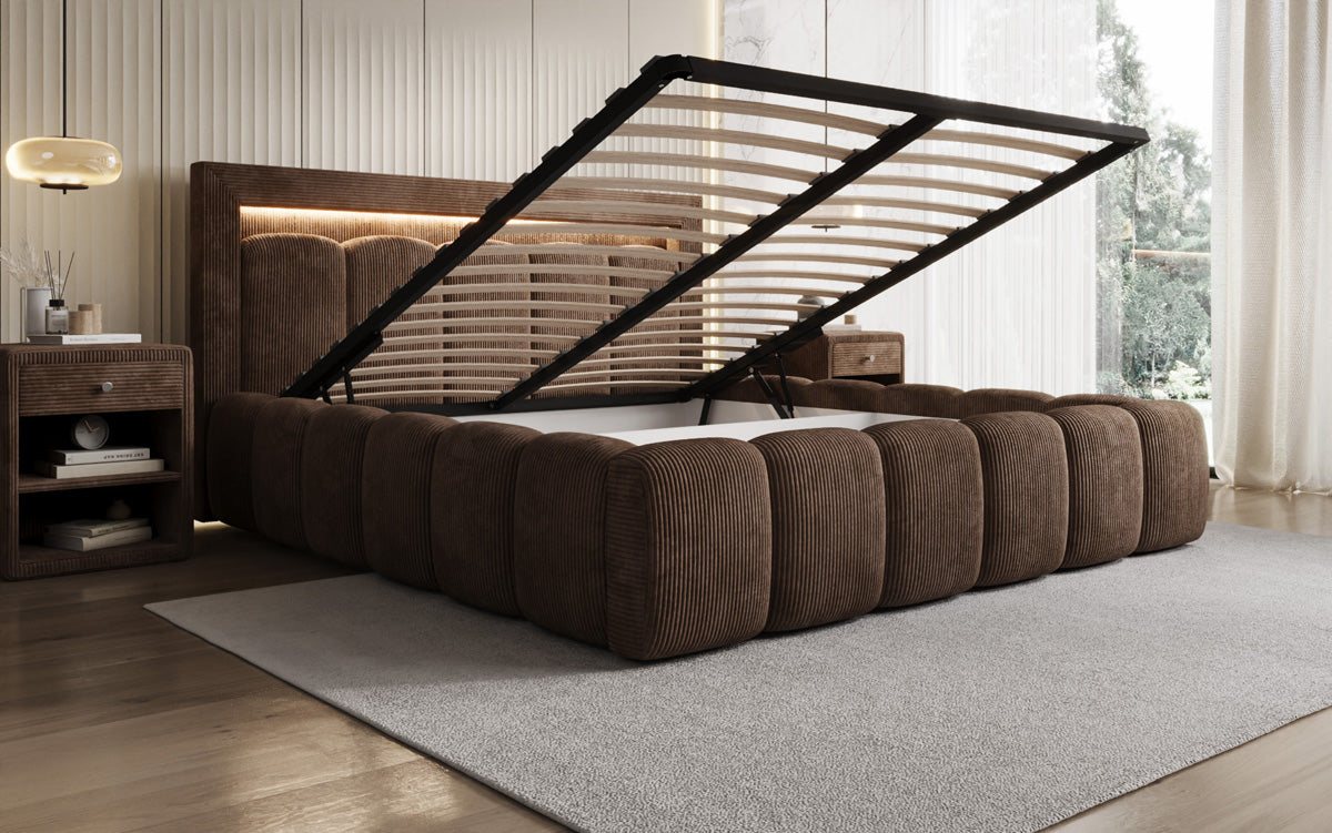 Designer-Polsterbett Lume aus Cord mat Stauraum an RGB-Beliichtung