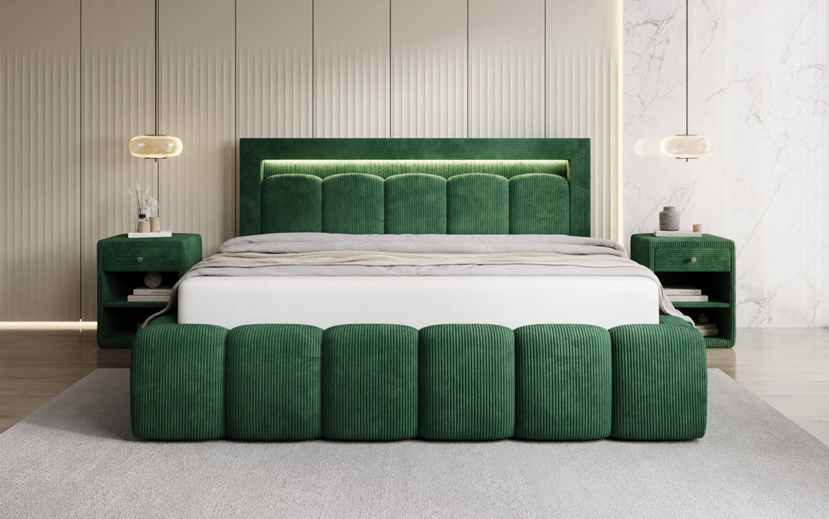 Designer-Polsterbett Lume aus Cord mat Stauraum an RGB-Beliichtung