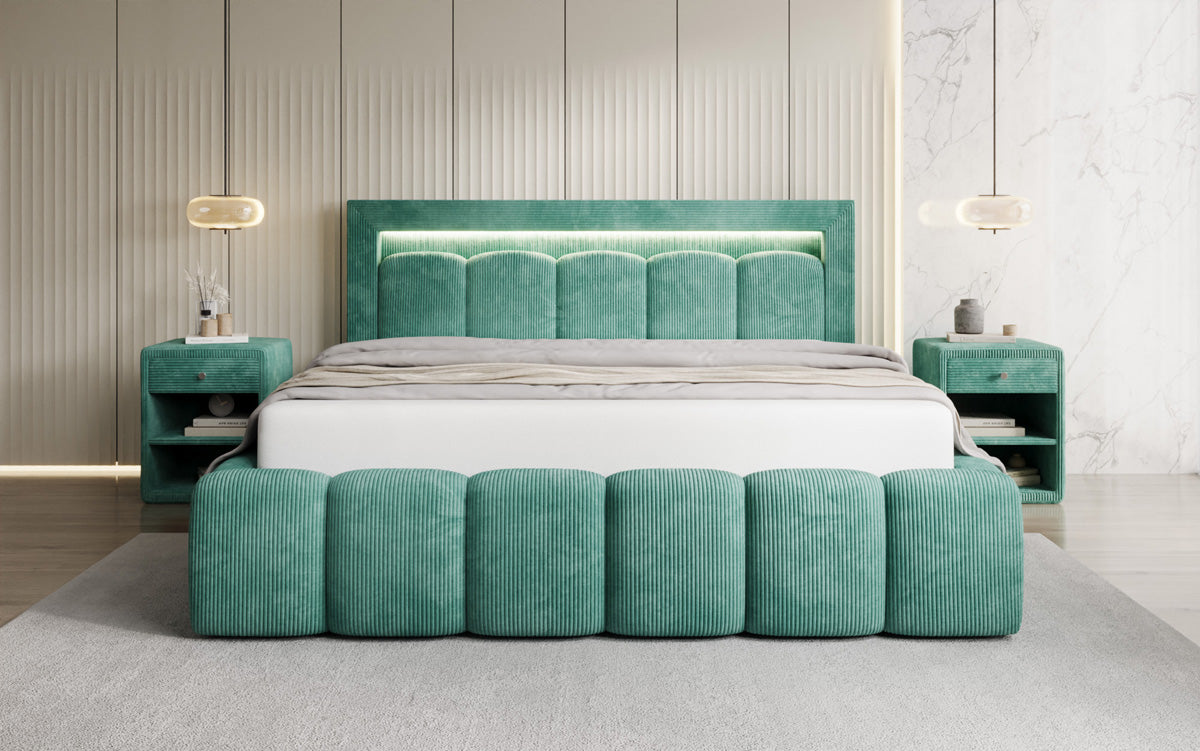 Designer-Polsterbett Lume aus Cord mat Stauraum an RGB-Beliichtung