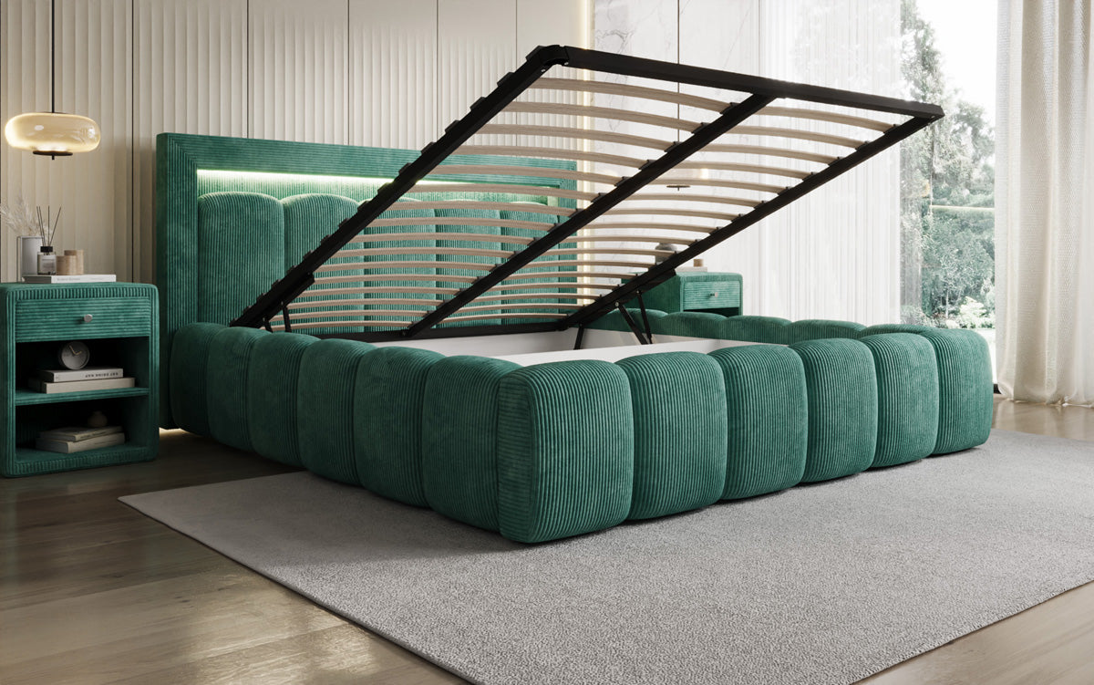 Designer-Polsterbett Lume aus Cord mat Stauraum an RGB-Beliichtung