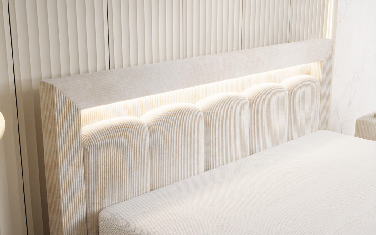 Designer-Polsterbett Lume aus Cord mat Stauraum an RGB-Beliichtung