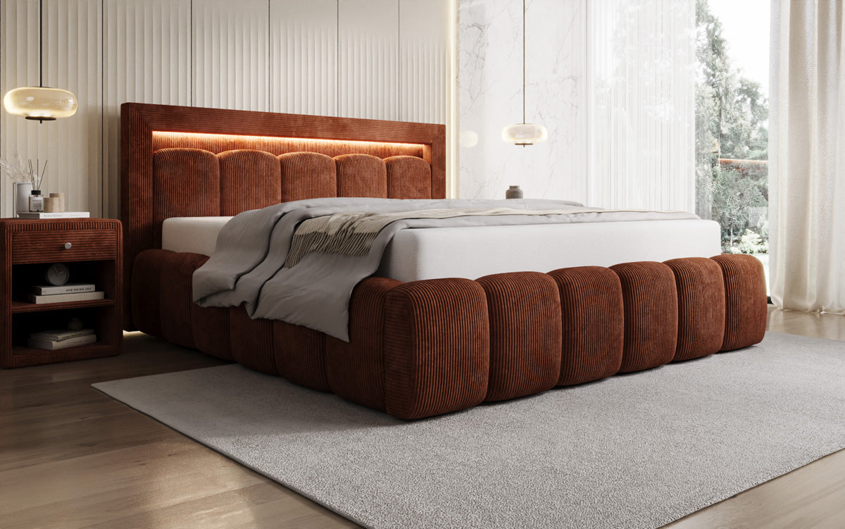 Designer-Polsterbett Lume aus Cord mat Stauraum an RGB-Beliichtung