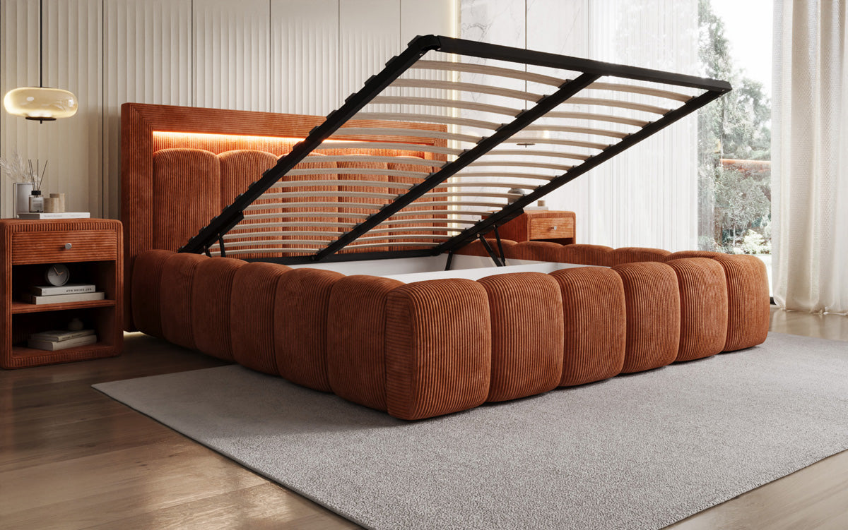 Designer-Polsterbett Lume aus Cord mat Stauraum an RGB-Beliichtung