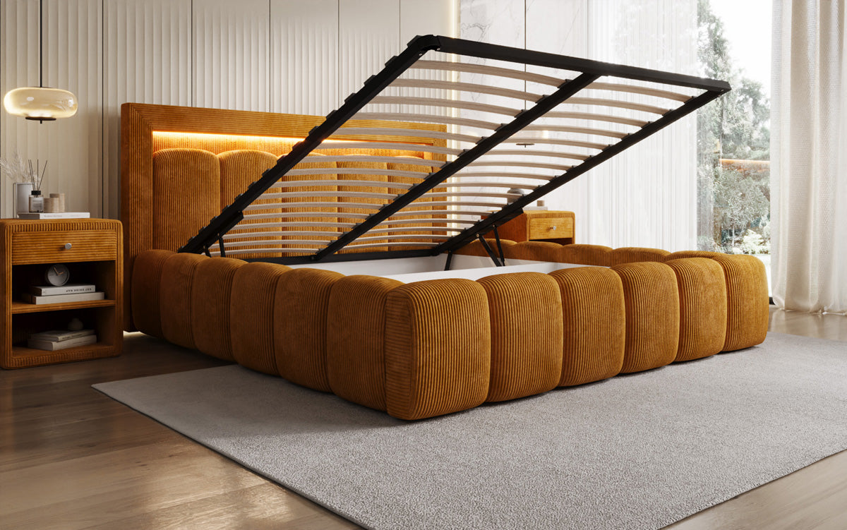 Designer-Polsterbett Lume aus Cord mat Stauraum an RGB-Beliichtung