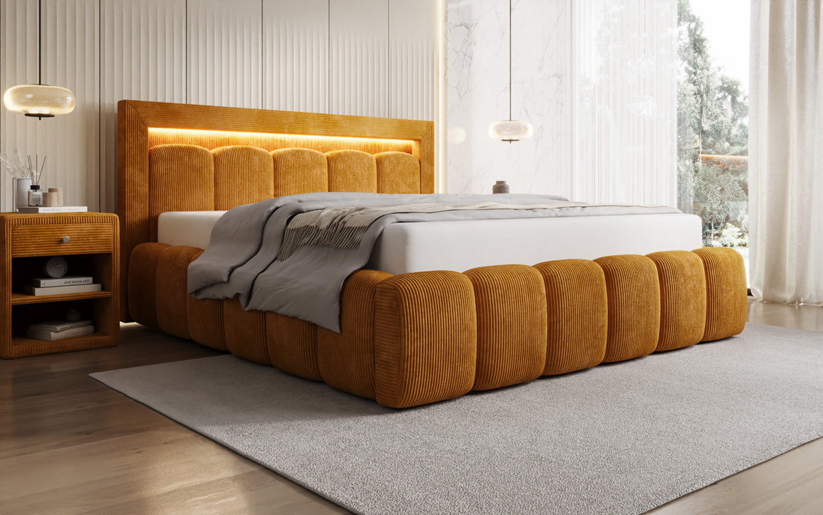 Designer-Polsterbett Lume aus Cord mat Stauraum an RGB-Beliichtung