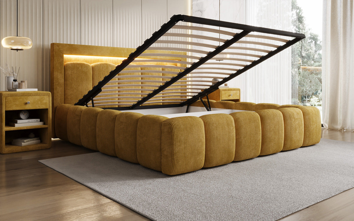 Designer-Polsterbett Lume aus Cord mat Stauraum an RGB-Beliichtung