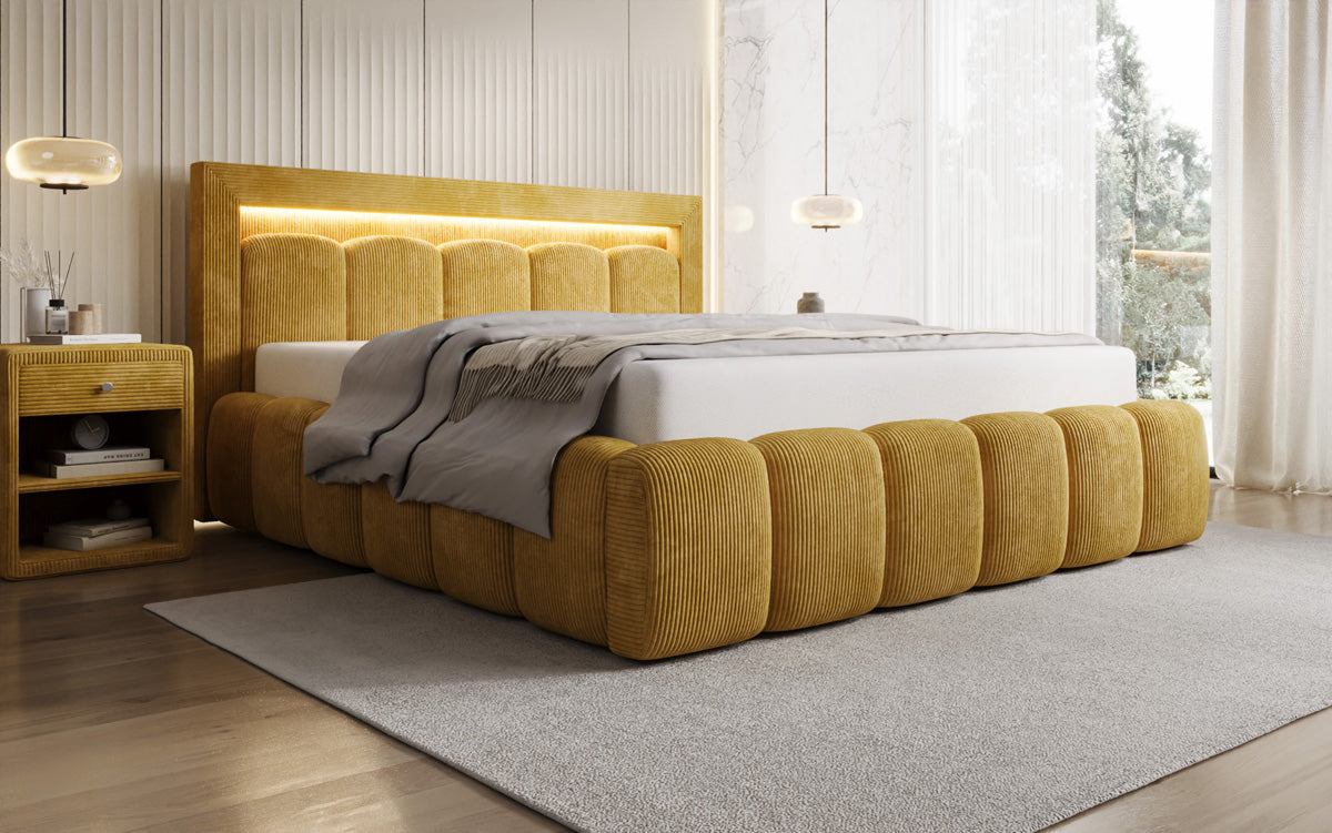 Designer-Polsterbett Lume aus Cord mat Stauraum an RGB-Beliichtung
