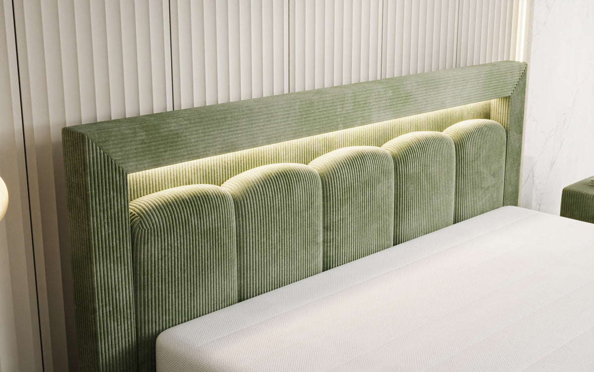 Designer-Polsterbett Lume aus Cord mat Stauraum an RGB-Beliichtung