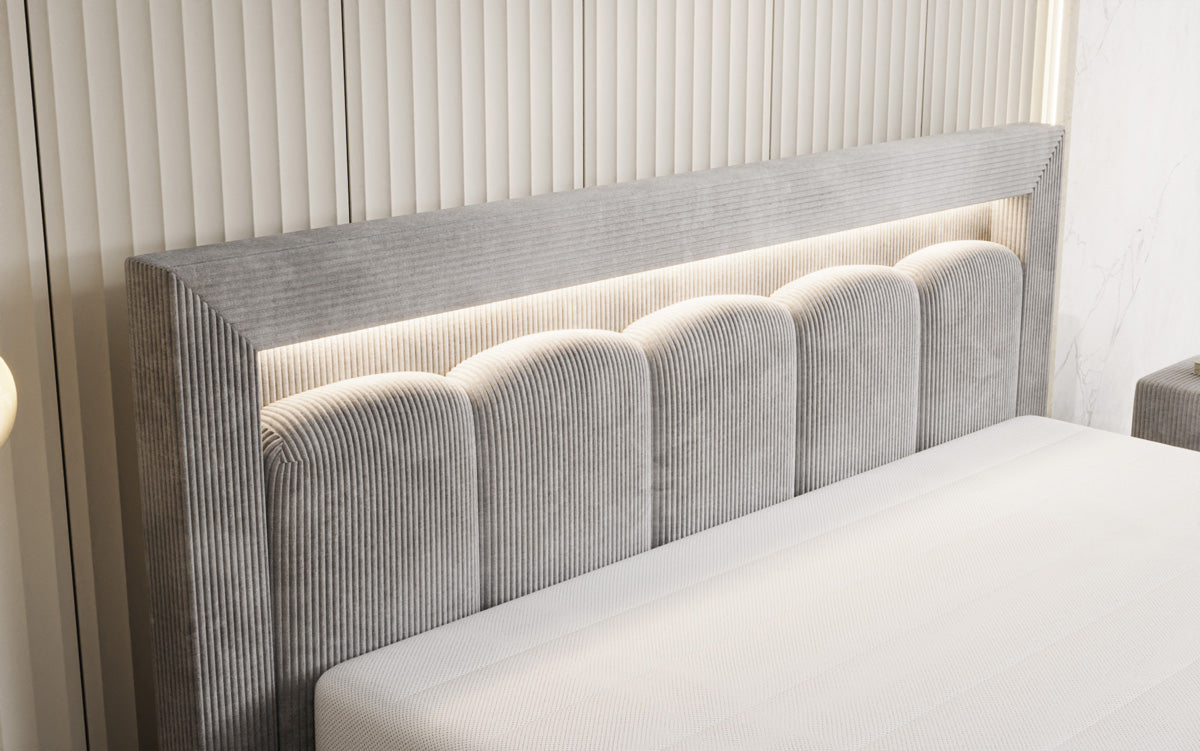 Designer-Polsterbett Lume aus Cord mat Stauraum an RGB-Beliichtung