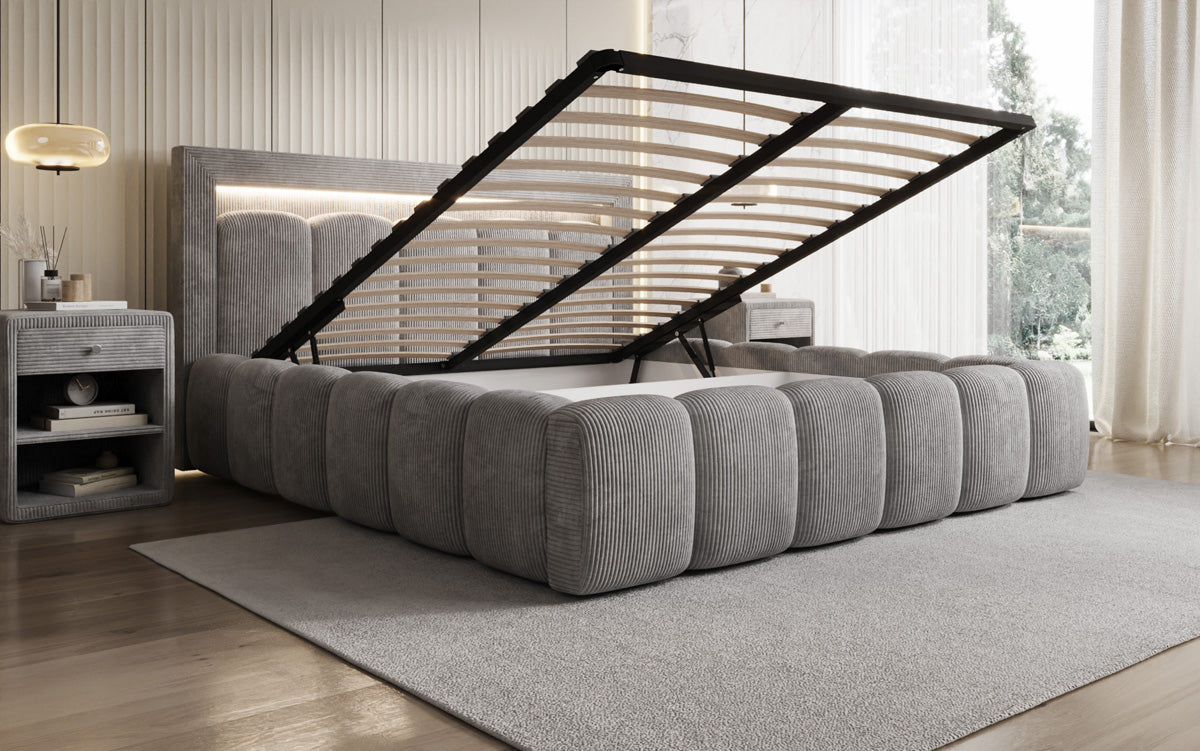 Designer-Polsterbett Lume aus Cord mat Stauraum an RGB-Beliichtung