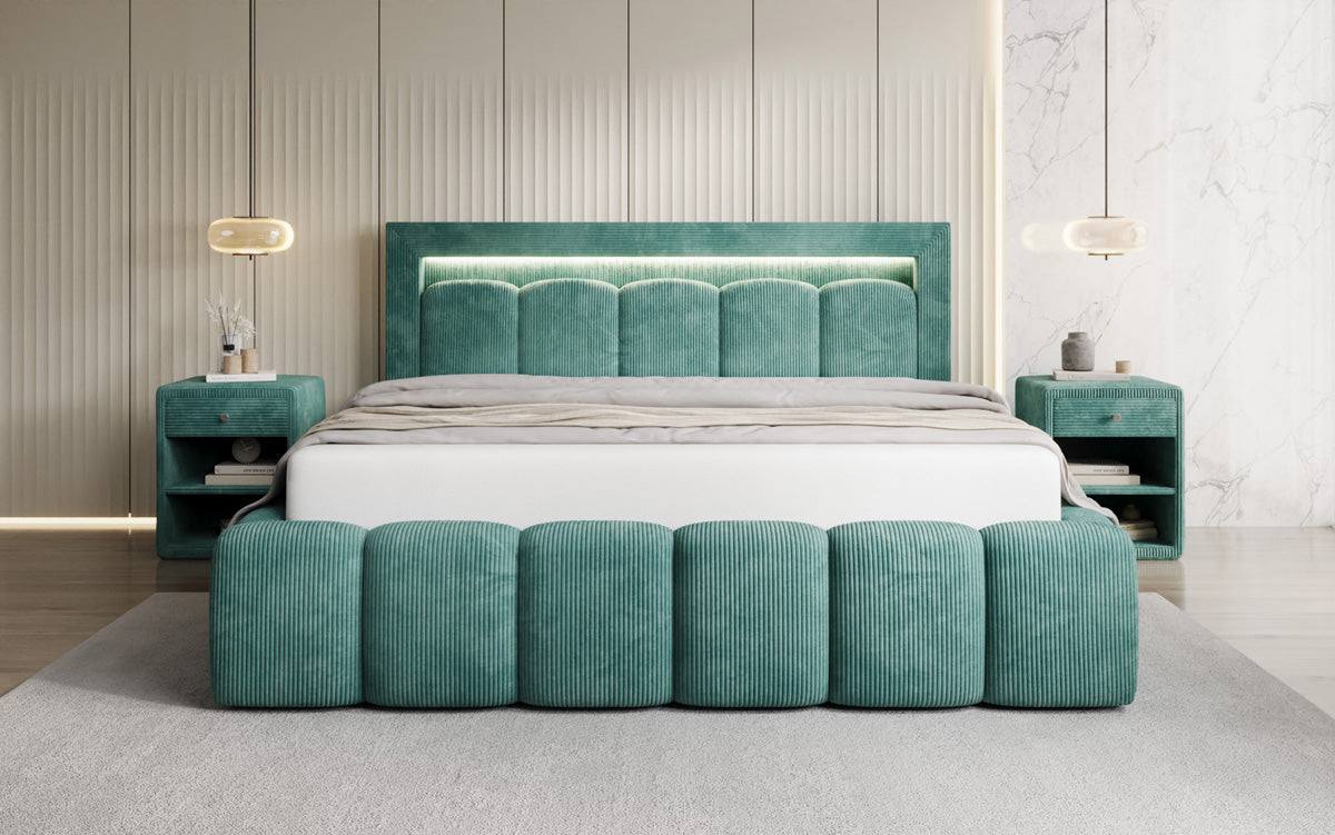 Designer-Polsterbett Lume aus Cord mat Stauraum an RGB-Beliichtung