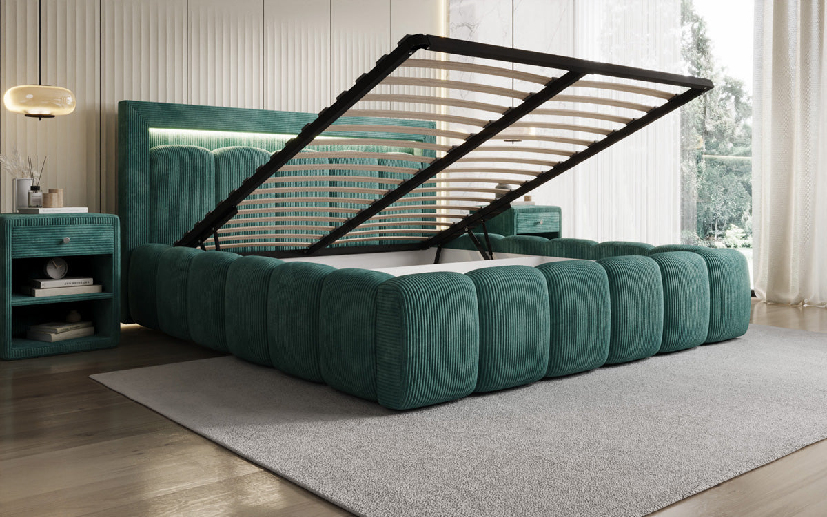 Designer-Polsterbett Lume aus Cord mat Stauraum an RGB-Beliichtung