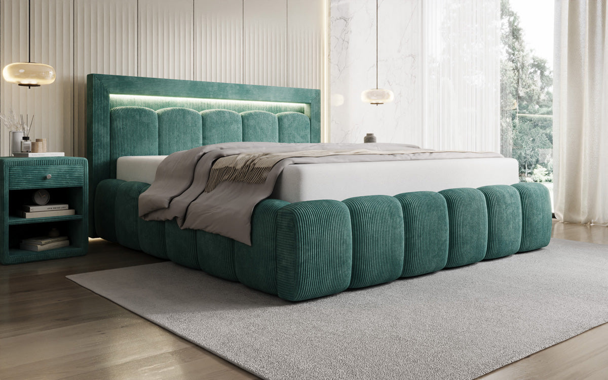 Designer-Polsterbett Lume aus Cord mat Stauraum an RGB-Beliichtung