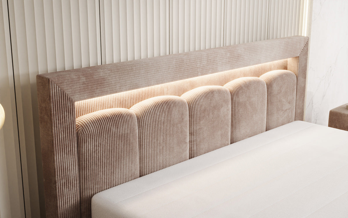 Designer-Polsterbett Lume aus Cord mat Stauraum an RGB-Beliichtung