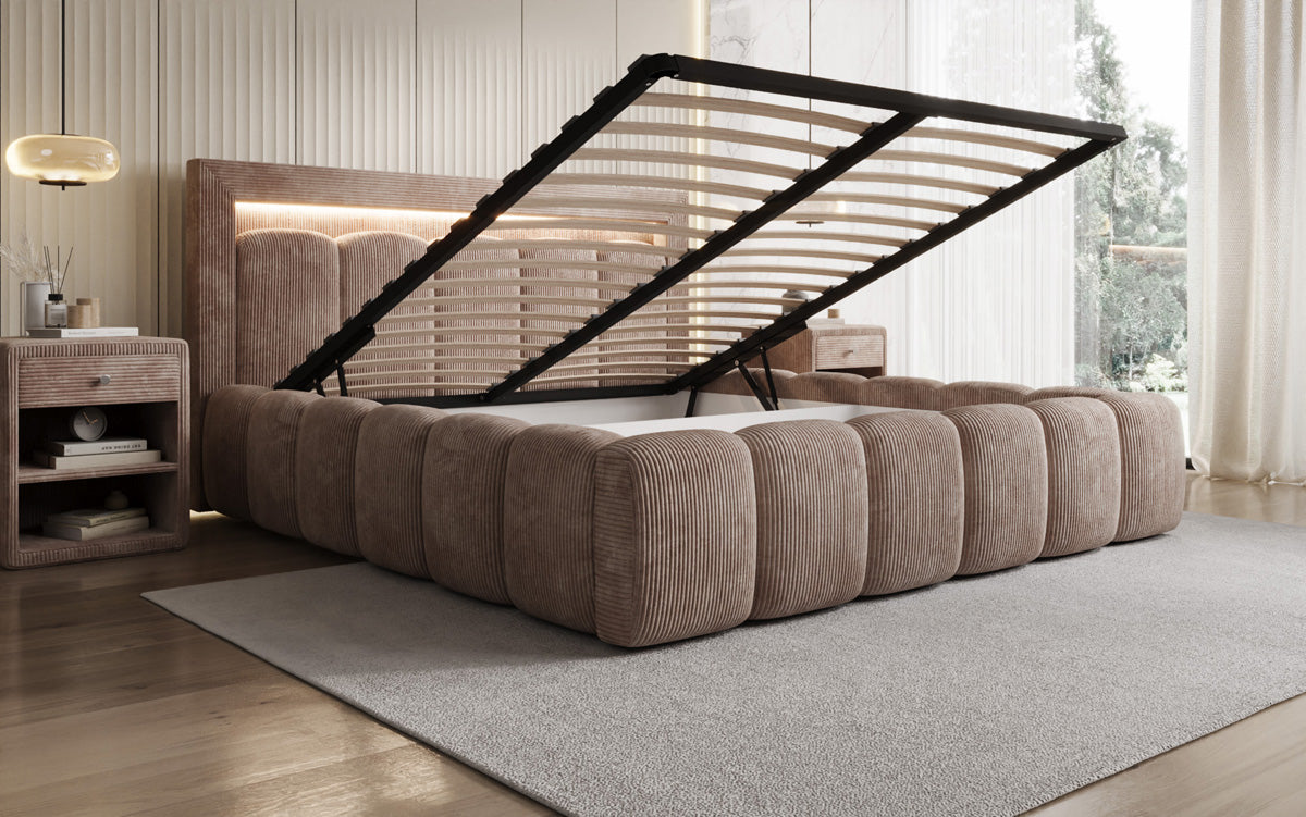 Designer-Polsterbett Lume aus Cord mat Stauraum an RGB-Beliichtung